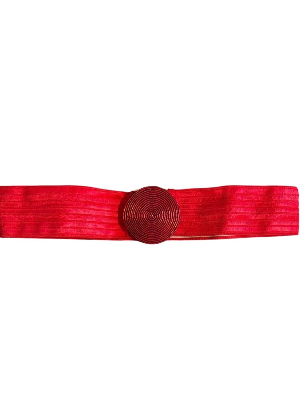 Vintage Charmant Red Elastic Belt Beaded Circular Buckle Wide Stretchy Waistband